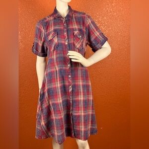 Reba Red and Blue Buttoned Midi Dress Size Large 100% Cotton Side Pockets A1